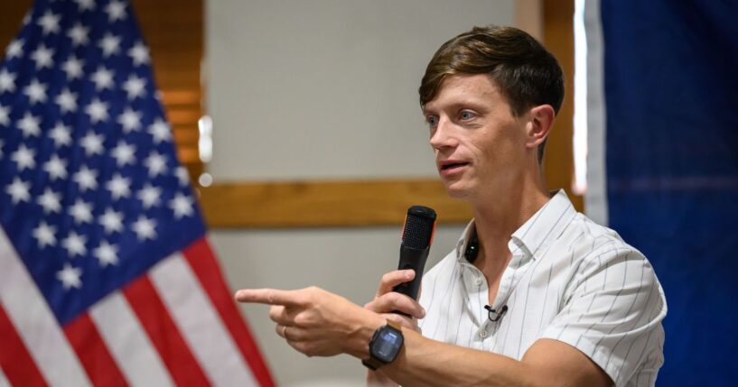 Iowa gubernatorial candidate Rob Sand speaks to voters during a campaign visit to the Carroll County Conservation Classroom on Aug. 20, 2026, in Carroll, Iowa.