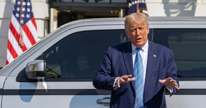 President Donald Trump talks about the new Endurance all-electric pickup truck on the south lawn of the White House on Sept. 28, 2020, in Washington, D.C.
