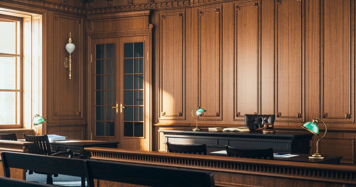 The interior of an empty courtroom.