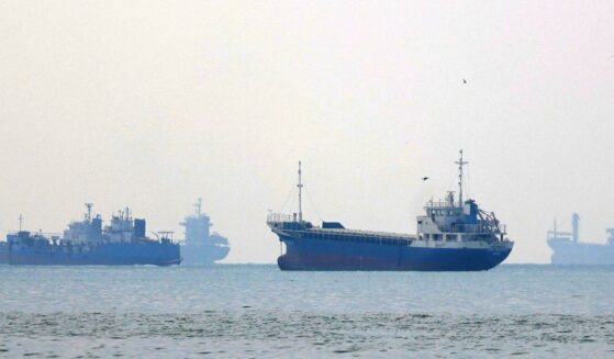 Vessels transit the Hormuz Strait off the coast of Iran's southern port city of Bandar Abbas on Sept. 7, 2026.