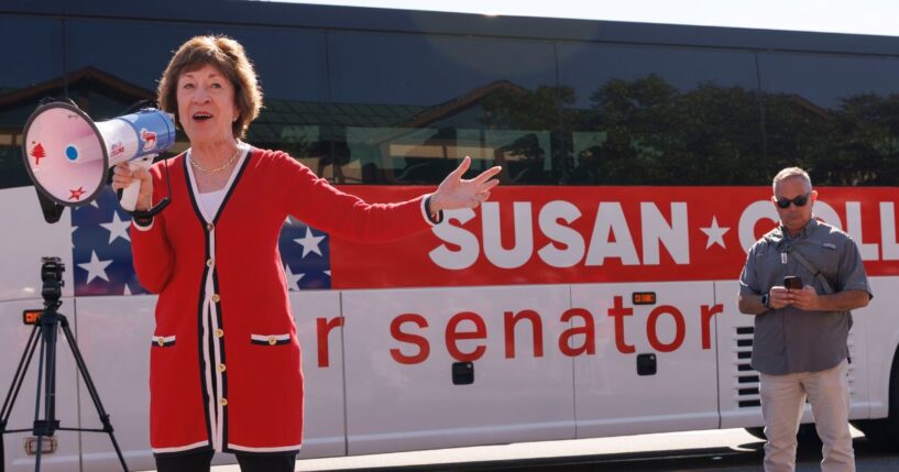 Sen. Susan Collins greets supporters outside the Kittery Trading Post, the first stop of a weekend re-election campaign bus tour of the state of Maine, on Aug. 14, 2026, in Kittery, Maine.