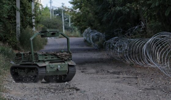 A ground robotic system drives along a road, delivering supplies on Sept. 4, 2026, in Druzhkivka, Donetsk Oblast, Ukraine.