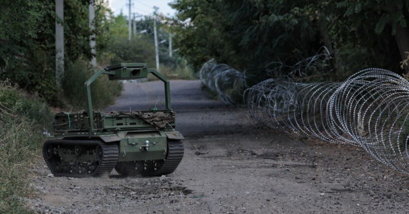A ground robotic system drives along a road, delivering supplies on Sept. 4, 2026, in Druzhkivka, Donetsk Oblast, Ukraine.