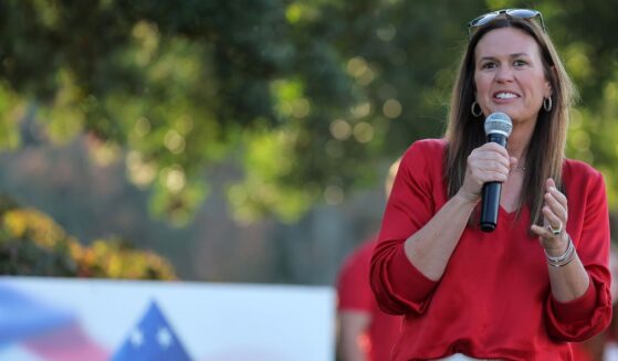 Arkansas Gov. Sarah Huckabee Sanders speaks during the opening ceremony of the Simmons Bank Championship 2024 at Pleasant Valley Country Club on Oct. 25, 2024, in Little Rock, Arkansas.