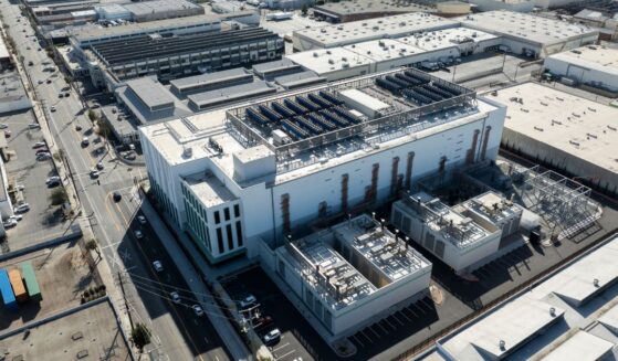 Afternoon sun shines on a data center facility in Vernon, California.