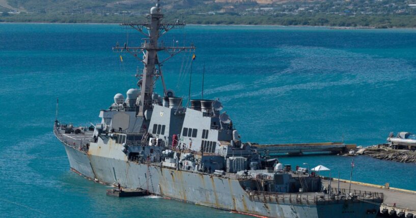 An aerial view shows the USS Mahan, a U.S. Navy Arleigh Burke-class guided-missile destroyer, docked at the port of Ponce, Puerto Rico, on Jan. 15, 2026.