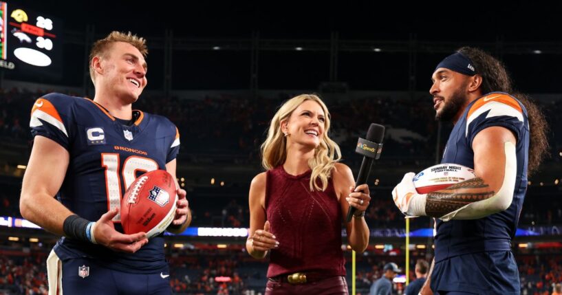 Bo Nix and Talanoa Hufanga of the Denver Broncos are interviewed after winning the game against the Los Angeles Rams at Empower Field at Mile High on Sept. 27, 2026, in Denver, Colorado.