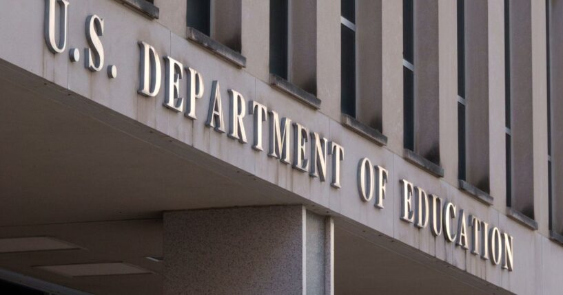 A sign is displayed outside of the Lyndon Baines Johnson Department of Education building on June 2, 2026, in Washington, D.C.