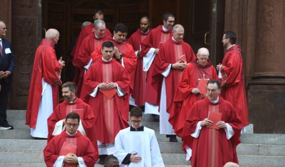 Bishops, priests, and cardinals leave after the celebrating the 72nd Annual Red Mass at the Cathedral of St. Matthew the Apostle in Washington, D.C., on Oct. 6, 2024.