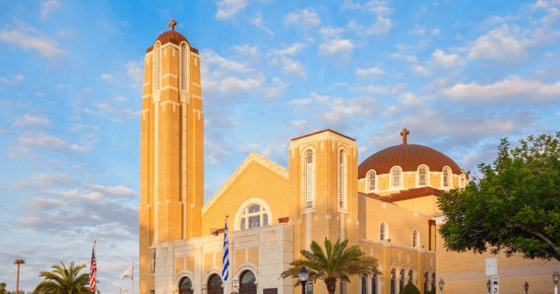 A photo of St. Nicholas Greek Orthodox Church in downtown Tarpon Springs, Florida.