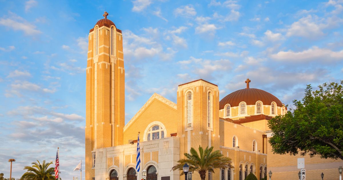 A photo of St. Nicholas Greek Orthodox Church in downtown Tarpon Springs, Florida.