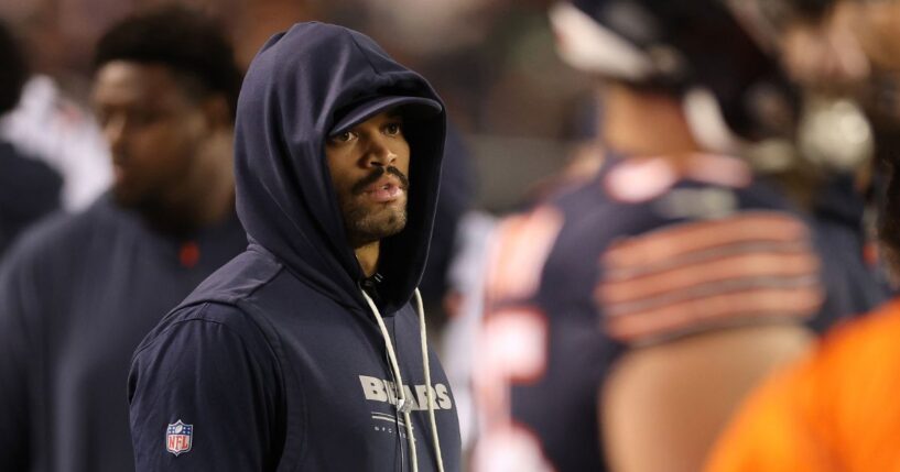 Caleb Williams #18 of the Chicago Bears looks on from the sidelines Monday during the third quarter of the game against the Philadelphia Eagles at Soldier Field in Chicago, Illinois.