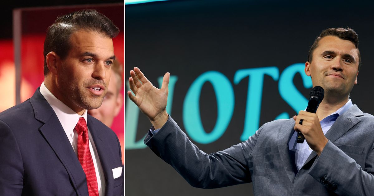 Turning Point USA spokesman Andrew Kolvet, left, said those celebrating last year's assassination of TPUSA founder Charlie Kirk, right, "are only ensuring that his legacy will grow bigger, larger, and more powerful.”
