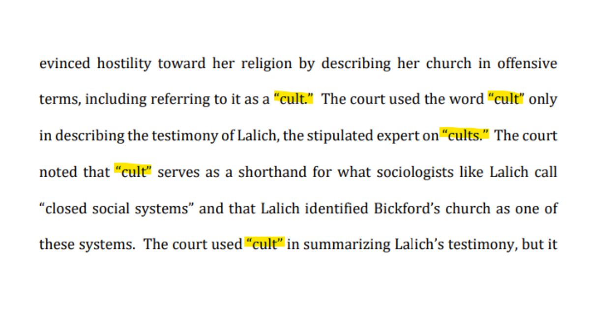The court repeatedly referred to Calvary Chapel Greater Portland as a "cult."