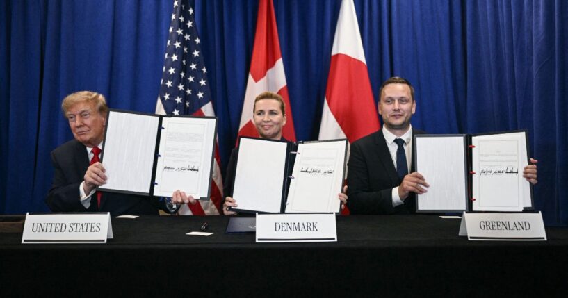 President Donald Trump, Denmark's Prime Minister Mette Frederiksen and Greenland's Prime Minister Jens-Frederik Nielsen sign a trilateral security deal Tuesday on the sidelines of the 81st United Nations General Assembly in New York.