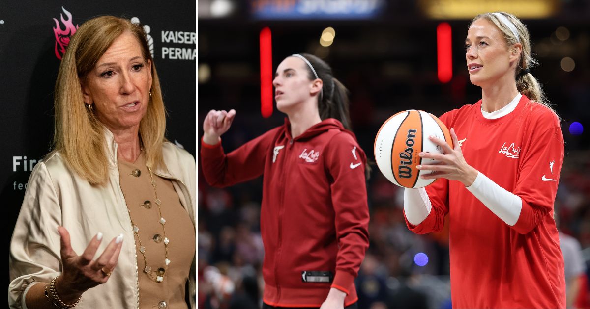 WNBA Commissioner Cathy Engelbert, left, has announced she will retire this year, just when the league is starting to gain traction with the popularity of players like Indiana Fever's Caitlin Clark and Sophie Cunningham, right.