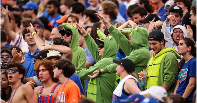 Florida Gators fans react during the first half of a game between the Florida Gators and the Texas Longhorns on Oct. 4, 2025, at Ben Hill Griffin Stadium in Gainesville, Florida.
