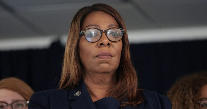 New York State AG Letitia James looks down as Governor Kathy Hochul gives a press conference on August 12, 2026.