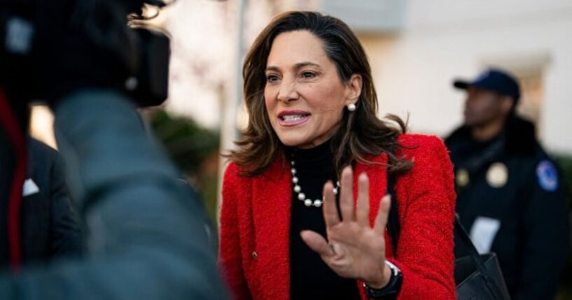 United States Rep. Maria Salazar (R-FL) speaks to the press on March 25, 2025 on White House grounds in Washington, D.C.