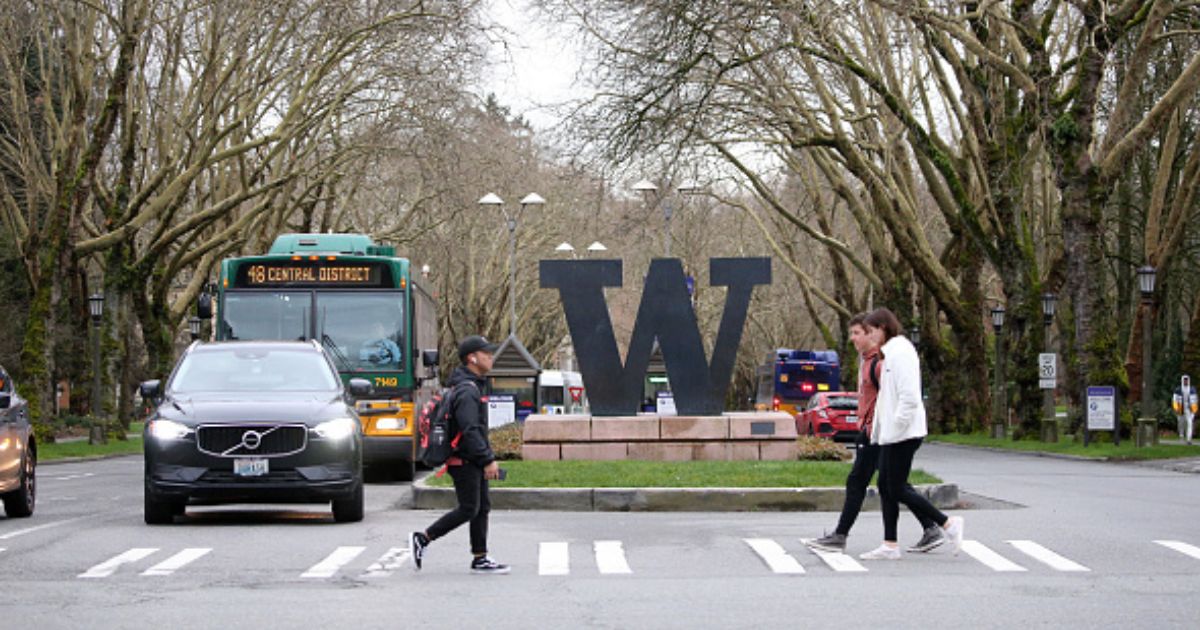 The University of Washington statue can be seen on a roadway just outside of the campus in Seattle, Washington on March 6, 2020.
