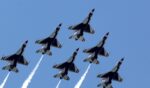 United States Air Force jets fly above the Hudson River in New York on August 4, 2026.