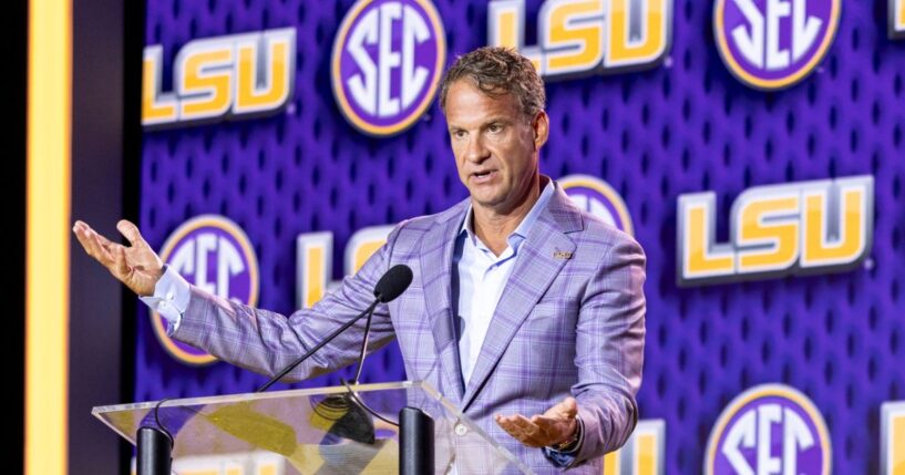 Head Coach Lane Kiffin of the LSU Tigers speaks at SEC Football Kickoff Media Day July 23 in Tampa, Florida.