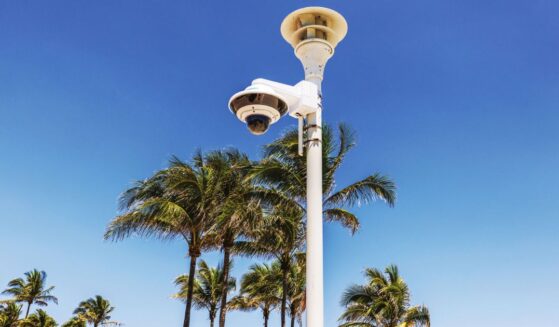 A security surveillance camera is pictured on Ocean Drive in Miami Beach, Florida.