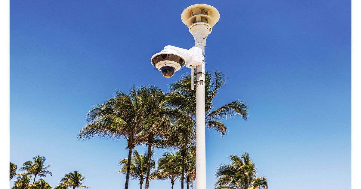 A security surveillance camera is pictured on Ocean Drive in Miami Beach, Florida.