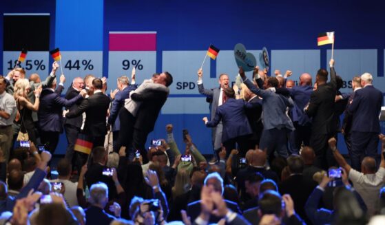 Supporters of the Alternative for Germany (AfD) party cheer after winning 44 percent of the vote in the Saxony-Anhalt state elections on Sept. 6, 2026 in Magdeburg, Germany.