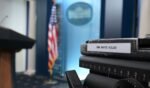 A CNN sticker is seen on some equipment in the James Brady press briefing room of the White House on Sept. 19, 2026 in Washington.
