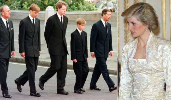 Royal family members, from left, the Duke of Edinburgh, Prince William, Charles Spencer, Prince Harry, and Prince Charles walk outside Westminster Abbey during the funeral service for Diana, Princess of Wales, on Sept. 6, 1997. At right, Diana is pictured in a 1988 photo.