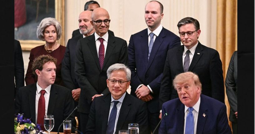 President Donald Trump, seated next to Nvidia CEO Jensen Huang and Meta CEO Mark Zuckerberg, left, speaks Tuesday during a meeting with technology executives about artificial intelligence in the East Room of the White House in Washington, D.C.