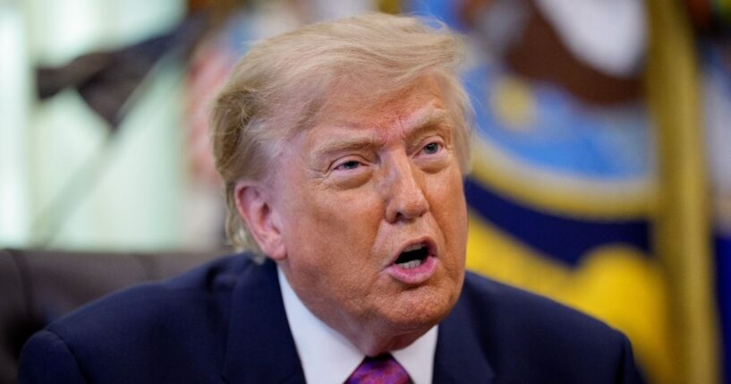President Donald Trump speaks during an event Thursday in the Oval Office of the White House in Washington, D.C.