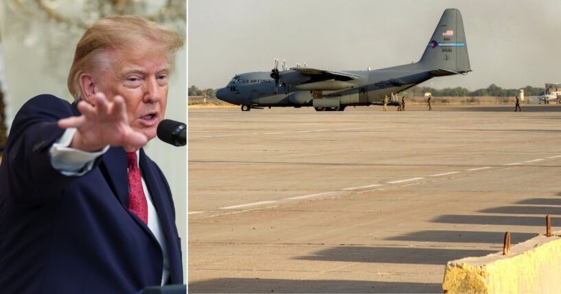 A U.S. Air Force C-130 Hercules military transport aircraft, right, prepares for takeoff from Camp Victory on the outskirts of Baghdad International Airport Tuesday. A left, President Donald Trump told a White House audience that the last remaining U.S. military forces in Iraq have been withdrawn.