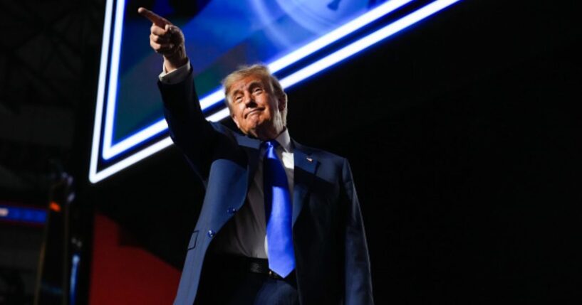 President Trump points at the crowd during his appearance at the Republican National Committee midterm convention on September 9, 2026 in Dallas, Texas.