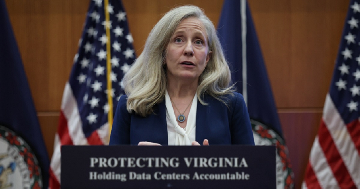Virginia Democratic Gov. Abigail is pictured in a Sept. 18 file photo from a news conference where the lectern was adorned with the slogan, "Protect Virginia."