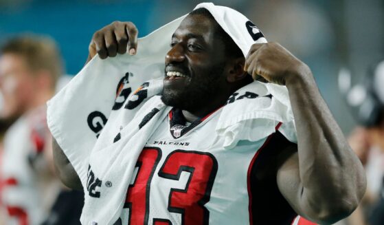 Allen Bailey #93 of the Atlanta Falcons looks on against the Miami Dolphins during a preseason game at Hard Rock Stadium on Aug. 8, 2019, in Miami, Florida.