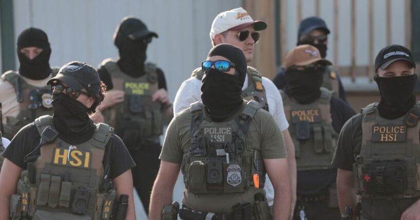 Homeland Security Investigations agents stand guard at Delaney Hall Immigration Detention Center on June 5, 2026, in Newark, New Jersey.