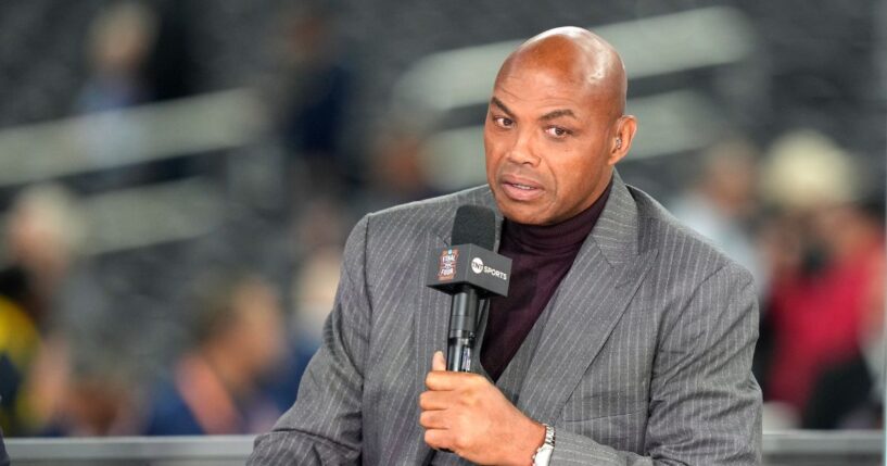 TNT college basketball analyst Charles Barkley on air before the National Championship of the 2026 NCAA Men's Basketball Tournament between the Michigan Wolverines and the Connecticut Huskies at Lucas Oil Stadium on April 6, 2026, in Indianapolis, Indiana.