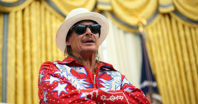 Kid Rock speaks alongside President Donald Trump before Trump signed an executive order in the Oval Office of the White House on March 31, 2025, in Washington, D.C.