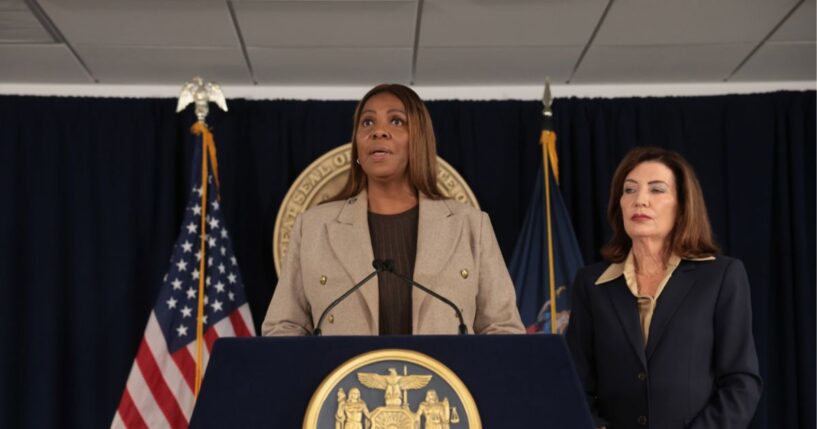 New York Attorney General Letitia James stands with New York Gov. Kathy Hochul at a news conference in Manhattan, where the governor announced a review of Cornell University’s initial response to allegations from a former student about being raped at a campus fraternity in 2024 on Oct. 2, 2026, in New York City.