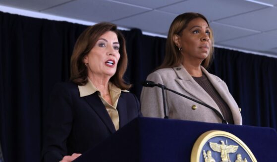 New York Gov. Kathy Hochul stands with New York Attorney General Letitia James at a news conference in Manhattan, where the governor announced a review of Cornell University’s initial response to allegations from a former student about being raped at a campus fraternity in 2024 on Oct. 2, 2026, in New York City.
