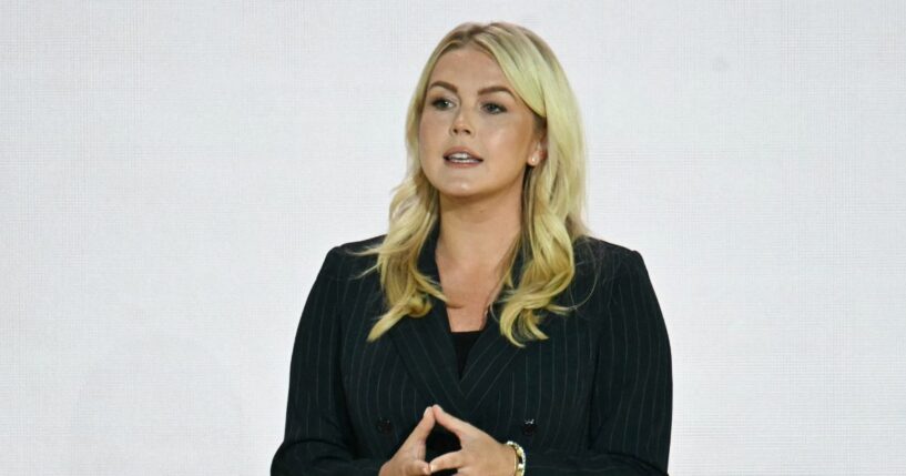 Former White House Press Secretary Karoline Leavitt speaks during an event to unveil the new America.gov website, at the Andrew W. Mellon Auditorium in Washington, D.C., on Sept. 29, 2026.