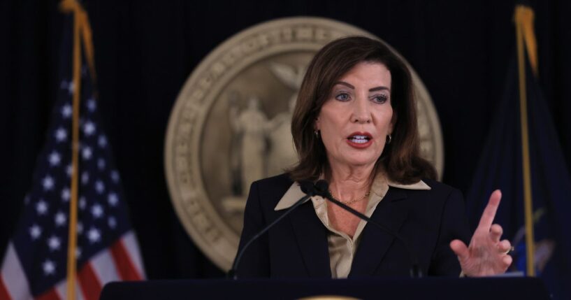 New York Gov. Kathy Hochul speaks at a news conference in Manhattan, where the governor announced a review of Cornell University’s initial response to allegations from a former student about being raped at a campus fraternity in 2024 on Oct. 2, 2026, in New York City.