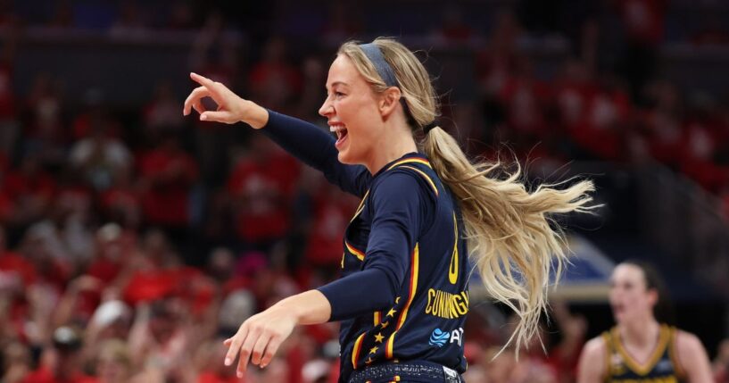 Sophie Cunningham of the Indiana Fever celebrates in the 99-89 win over the Las Vegas Aces during game two of the first round of the WNBA Playoffs at Gainbridge Fieldhouse on Sept. 29, 2026, in Indianapolis, Indiana.