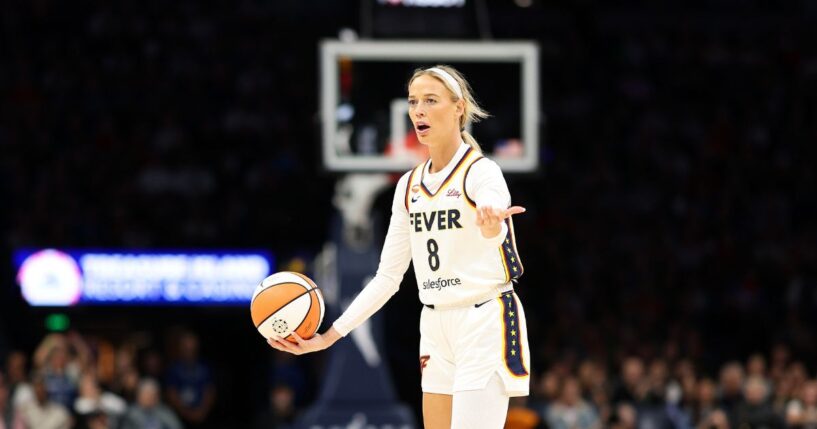 Sophie Cunningham of the Indiana Fever reacts against the Minnesota Lynx in the first quarter at Target Center on Sept. 24, 2026, in Minneapolis, Minnesota.