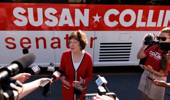 Sen. Susan Collins speaks with the news media outside the Kittery Trading Post, the first stop of a weekend re-election campaign bus tour of the state of Maine, on Aug. 14, 2026, in Kittery, Maine.