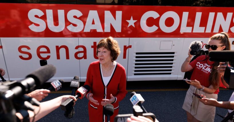 Sen. Susan Collins speaks with the news media outside the Kittery Trading Post, the first stop of a weekend re-election campaign bus tour of the state of Maine, on Aug. 14, 2026, in Kittery, Maine.