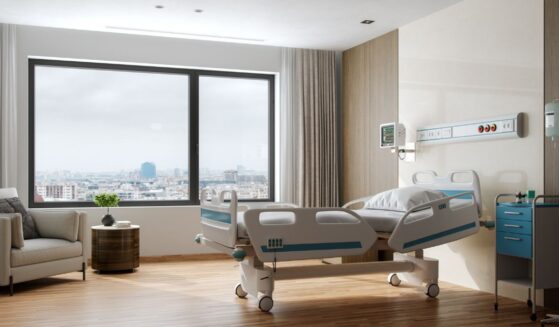 A patient room in a luxury hospital.
