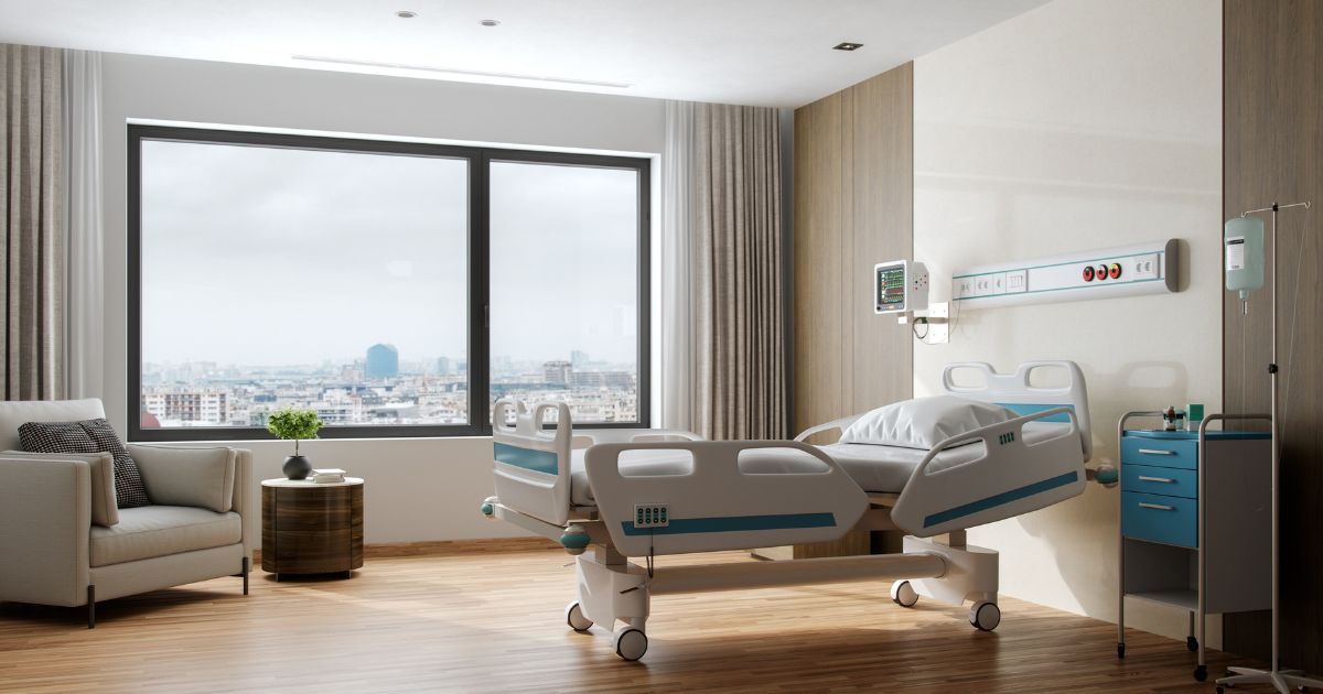 A patient room in a luxury hospital.